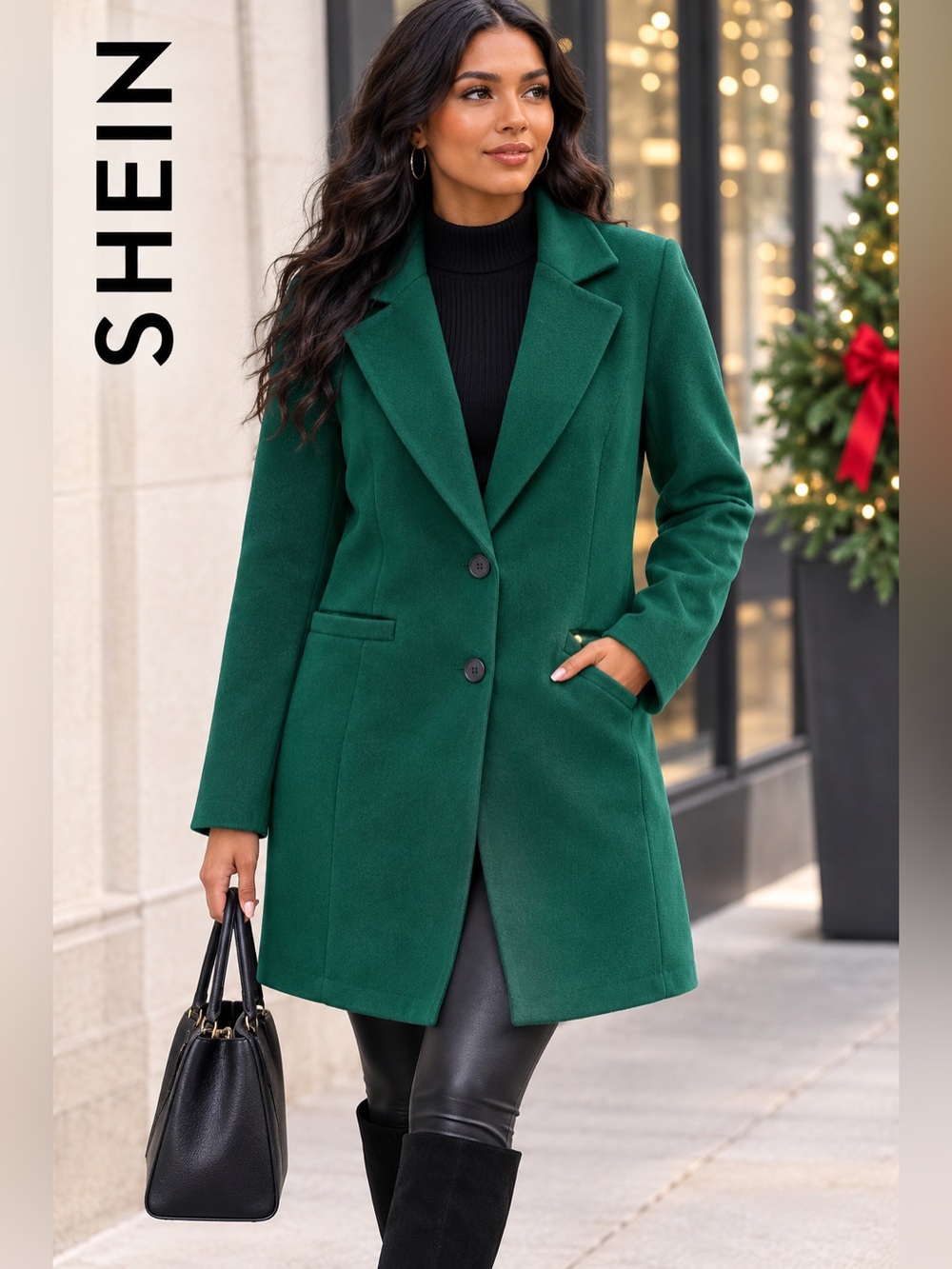 SHEIN Green Single-Breasted Notch Lapel Coat Size L